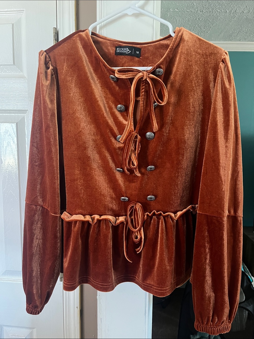Rockin A Design Rust Velvet Tie-Front Peplum Tunic